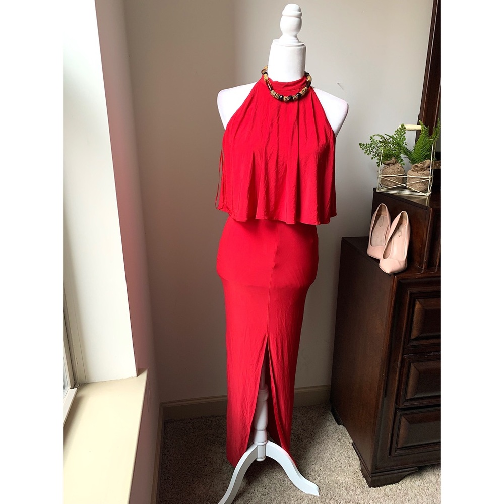 New look red layered split front maxi dress
